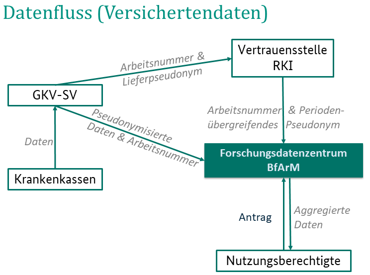 Datenfluss (Versichertendaten) Das FDZ erhält jährlich pseudonymisierte Abrechnungsdaten der gesetzlich Krankenversicherten vom Spitzenverband Bund der Krankenkassen. Die Pseudonymisierung erfolgt vor der Datenübermittlung an das Forschungsdatenzentrum. Das Robert-Koch-Institut übernimmt im Rahmen des Pseudonymisierungsverfahrens die Aufgaben einer unabhängigen Vertrauensstelle.